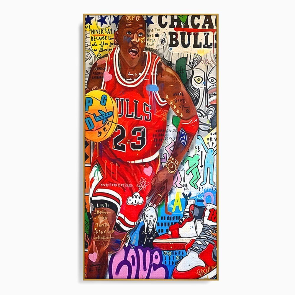 Tablou canvas cu tablou canvas cu michael jordan in stil graffiti, in rama de aluminiu auriu